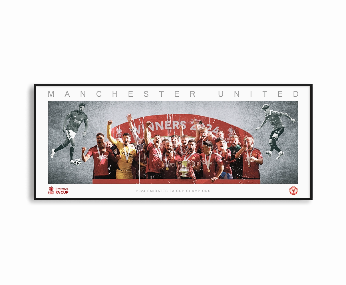 MANCHESTER UNITED FA CUP TEAM PANORAMIC COLLAGE PRINT SIGNED FRAMED WINGShandmade souvenirs