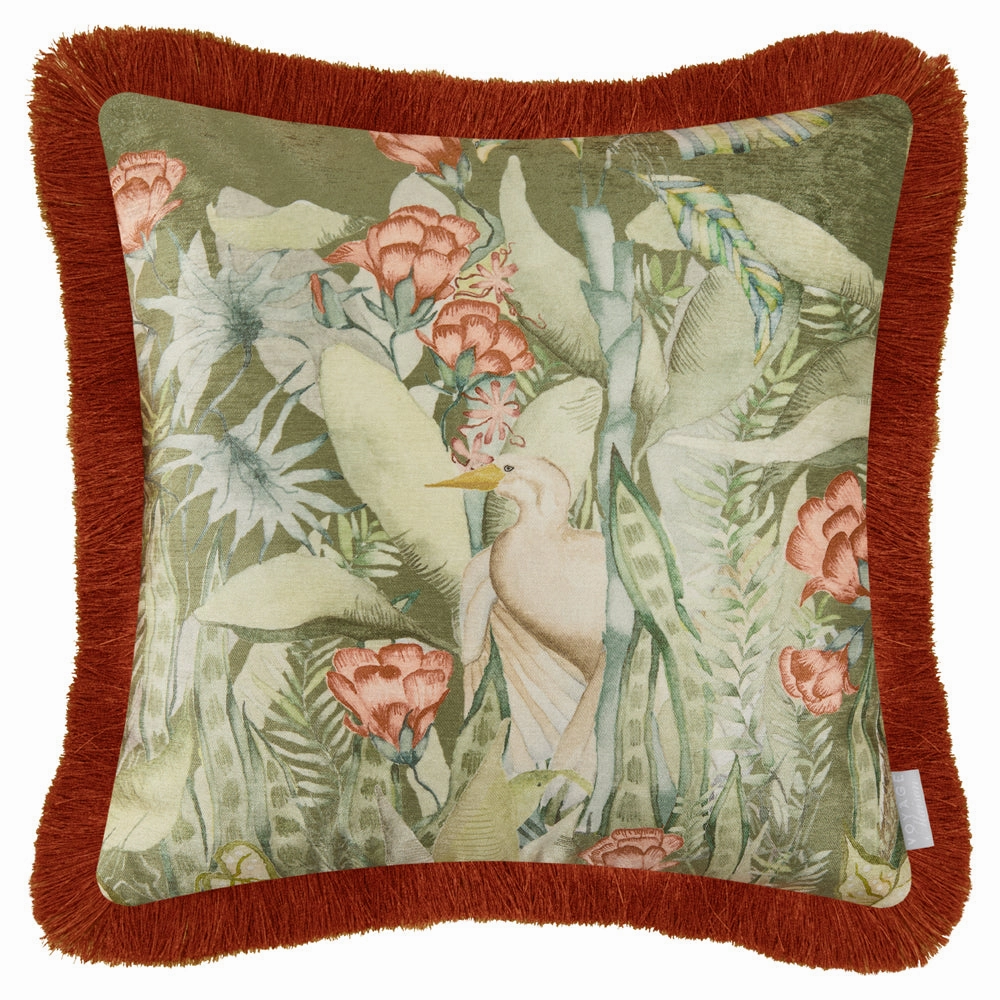 Mangrove Fringed Velvet Cushion Moss