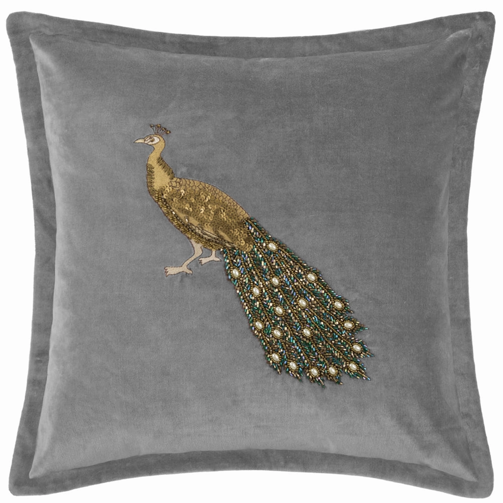 Mayura Embroidered Feather Cushion Steel