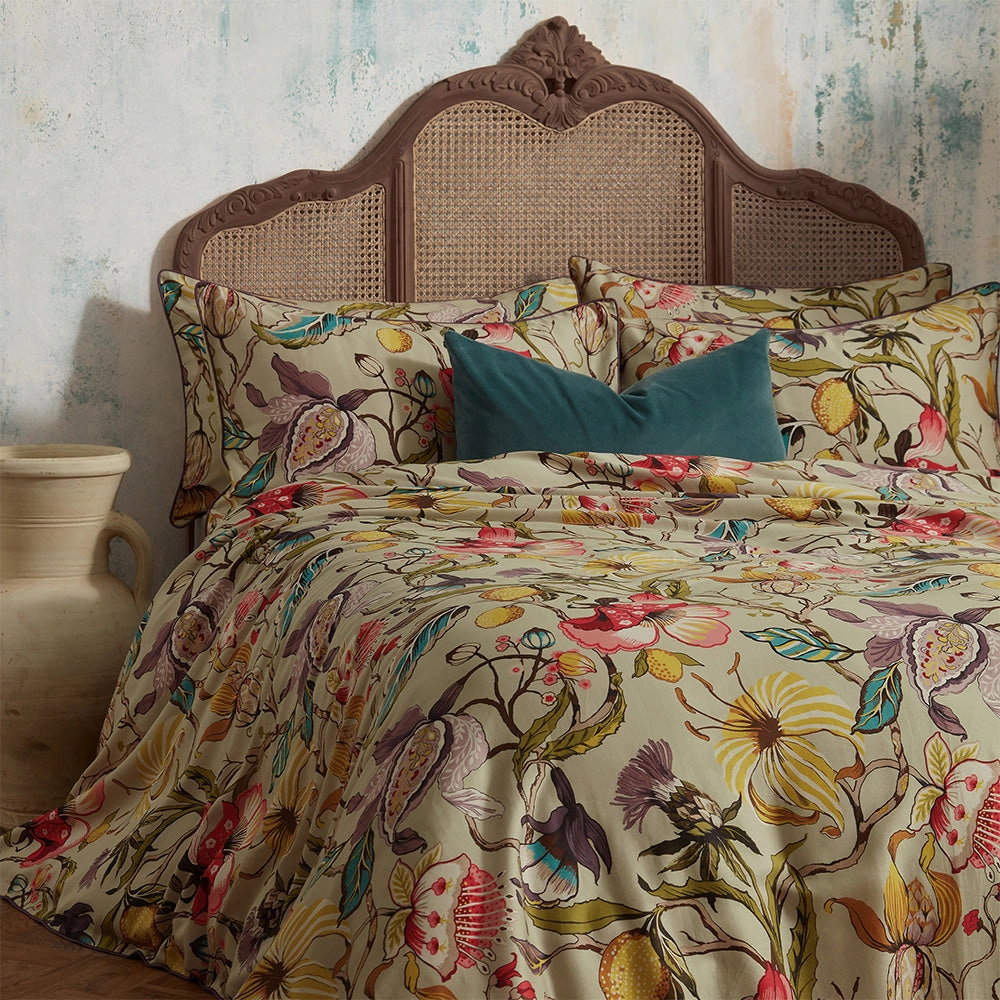 Morton Floral Printed Cotton Sateen Piped Duvet Cover Set Chintz