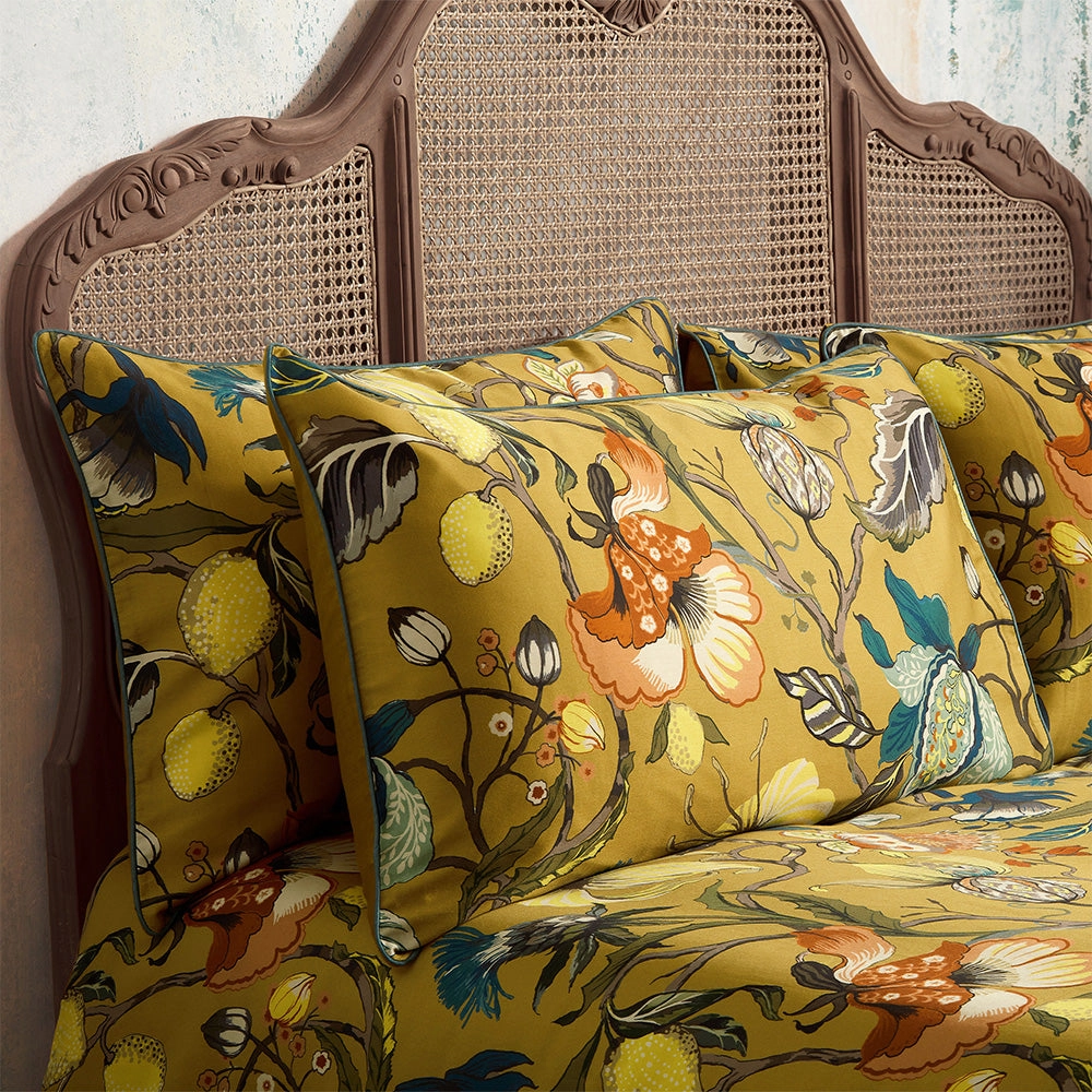 Morton Floral Printed Cotton Sateen Piped Pillowcase Pair Ochrehome decor ,wall decor 