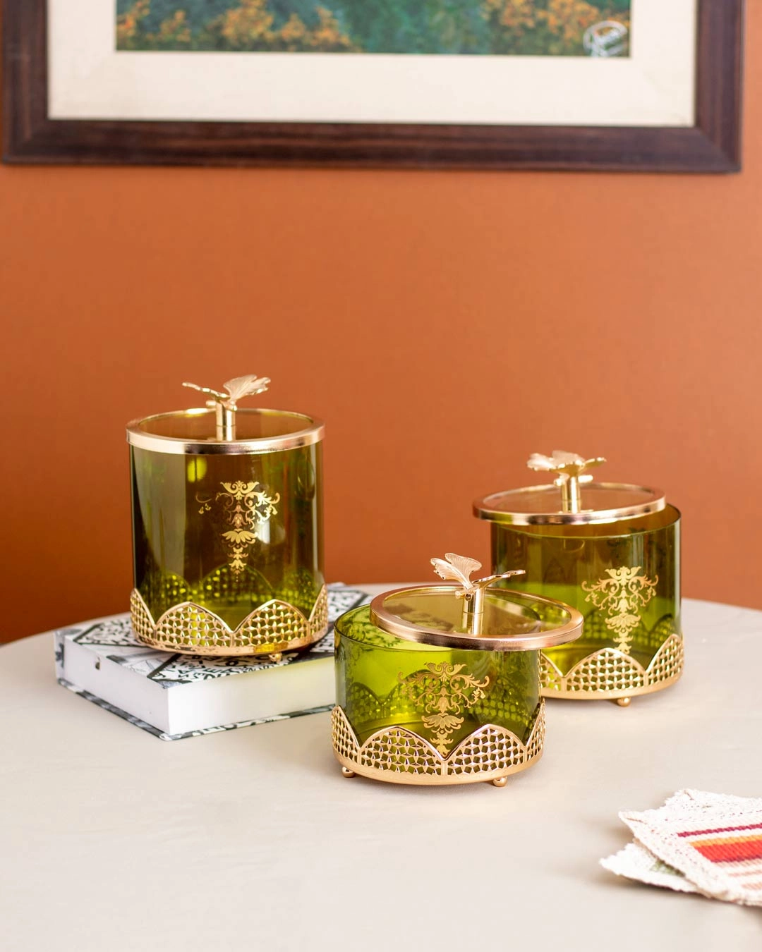 Olive Green Ginkgo Jar With Lid - Medium