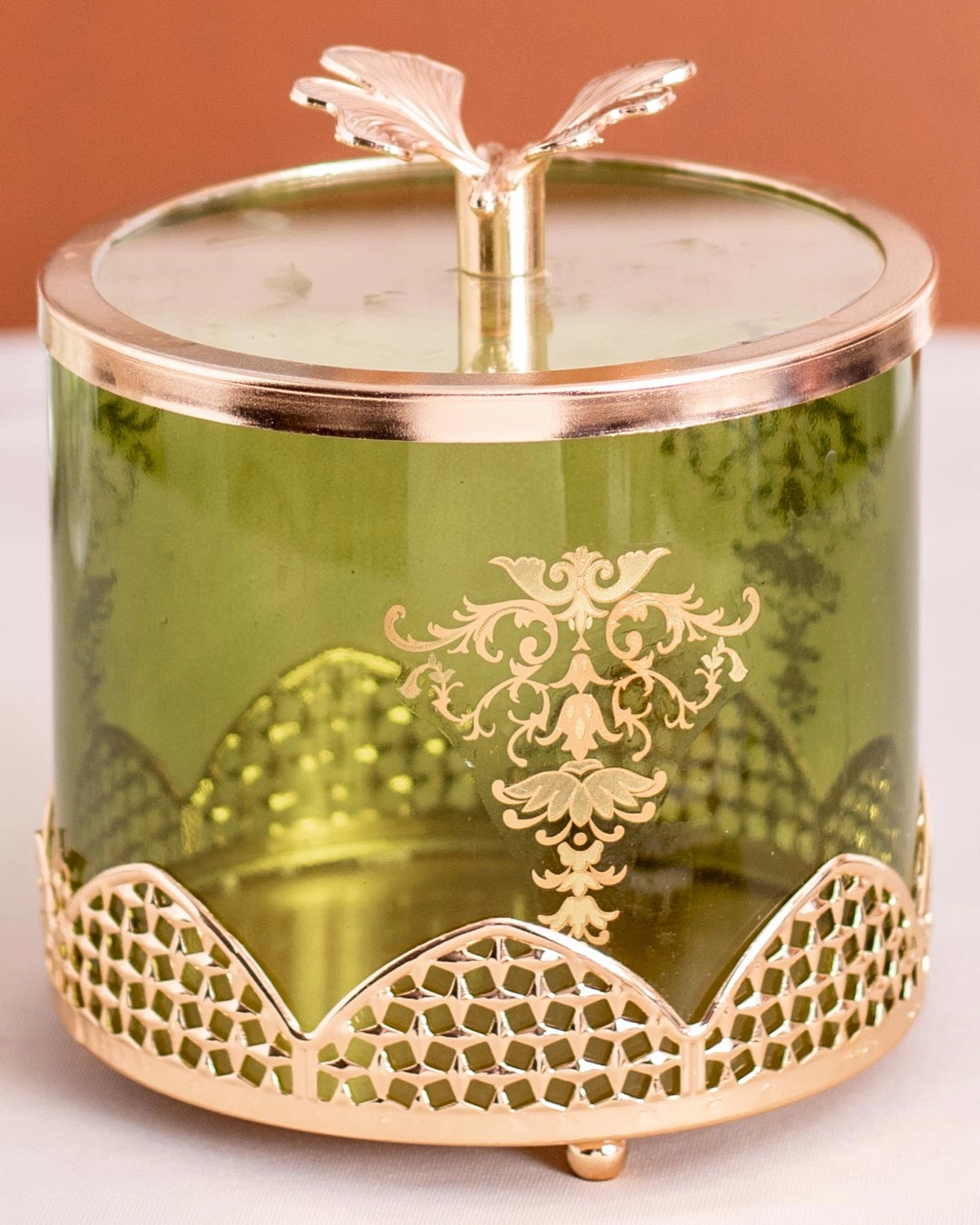 Olive Green Ginkgo Jar With Lid - Medium