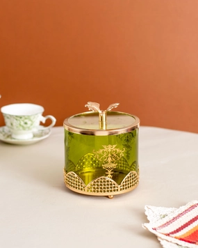 Olive Green Ginkgo Jar With Lid - Mediummodern kitchen decor ,kitchen dinner set ,dinnerware 