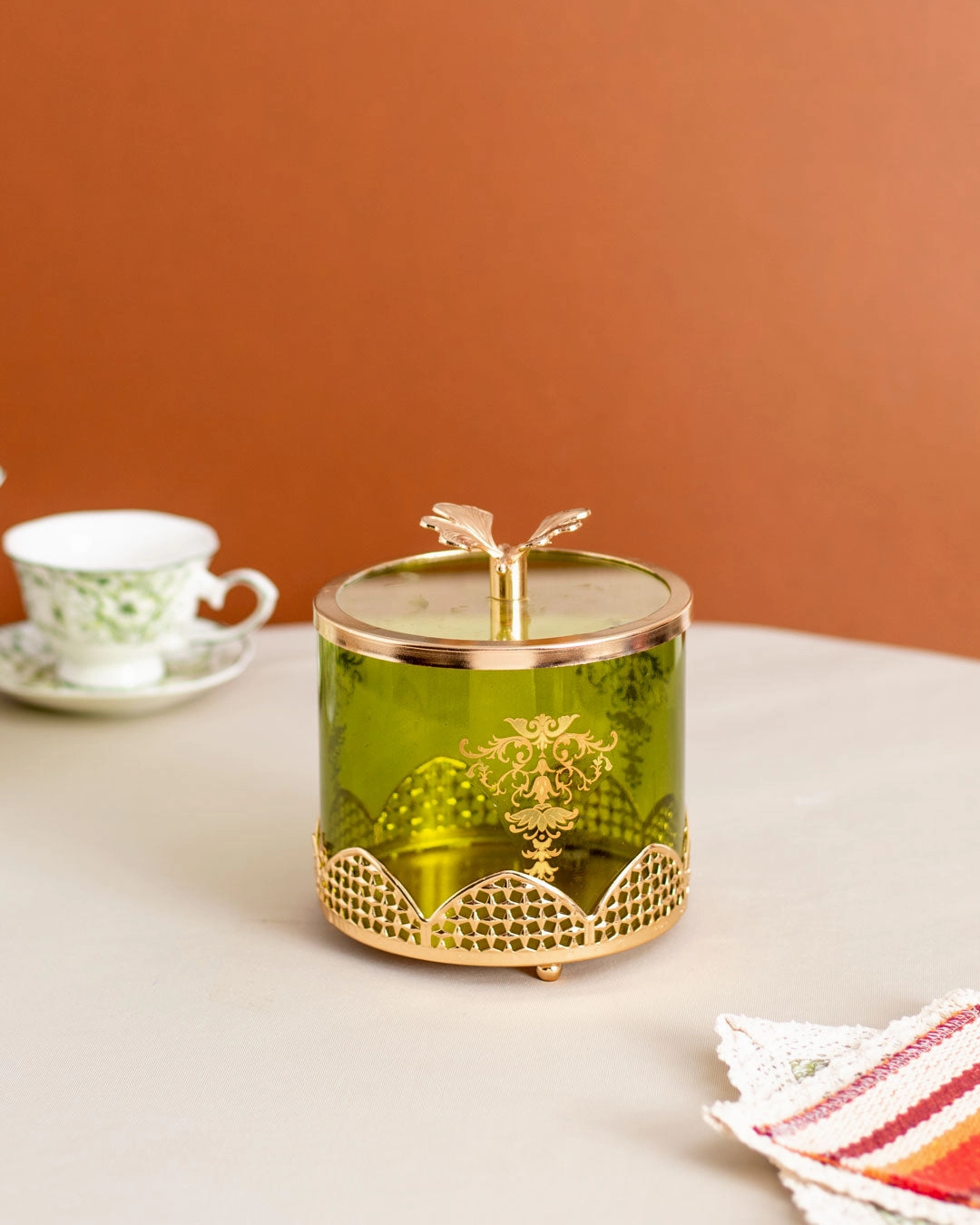 Olive Green Ginkgo Jar With Lid - Mediummodern kitchen decor ,kitchen dinner set ,dinnerware 