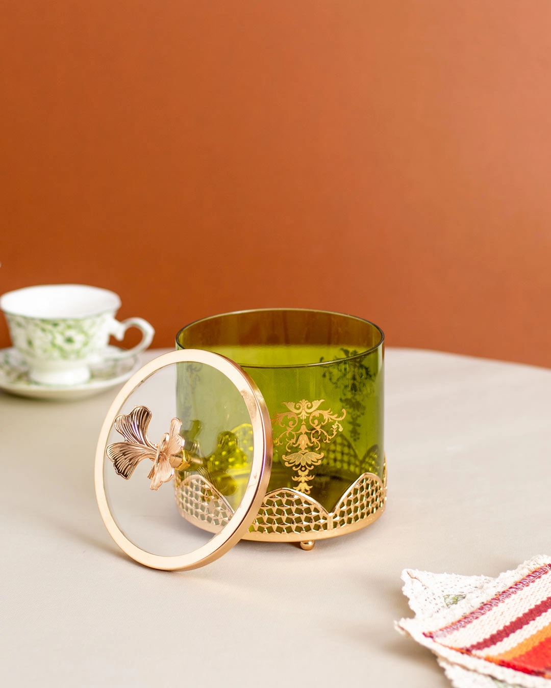 Olive Green Ginkgo Jar With Lid - Medium