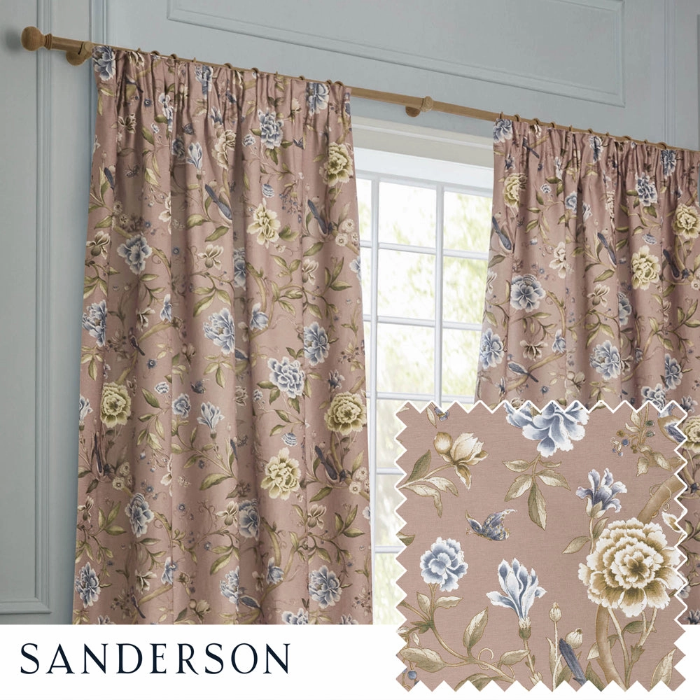 Porcelain Garden Printed Chenille Pencil Pleat Curtains Blushhome decor ,wall decor 