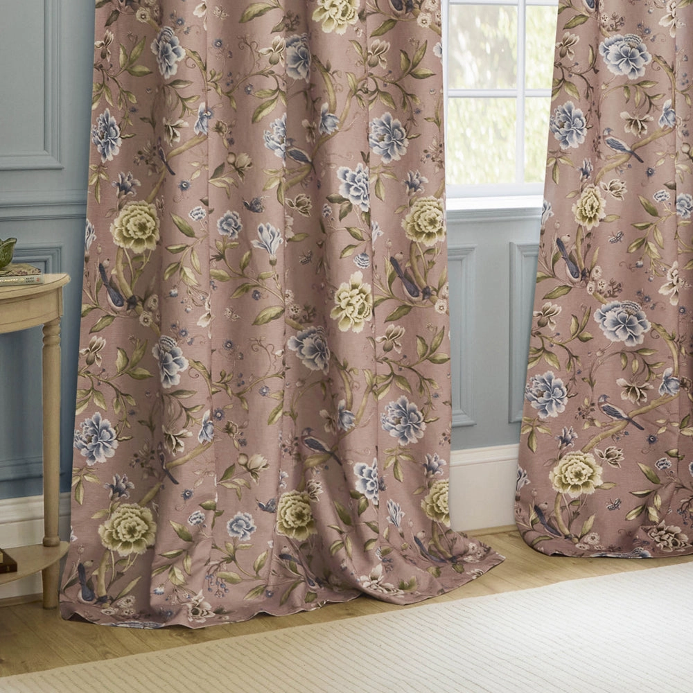 Porcelain Garden Printed Chenille Pencil Pleat Curtains Blush