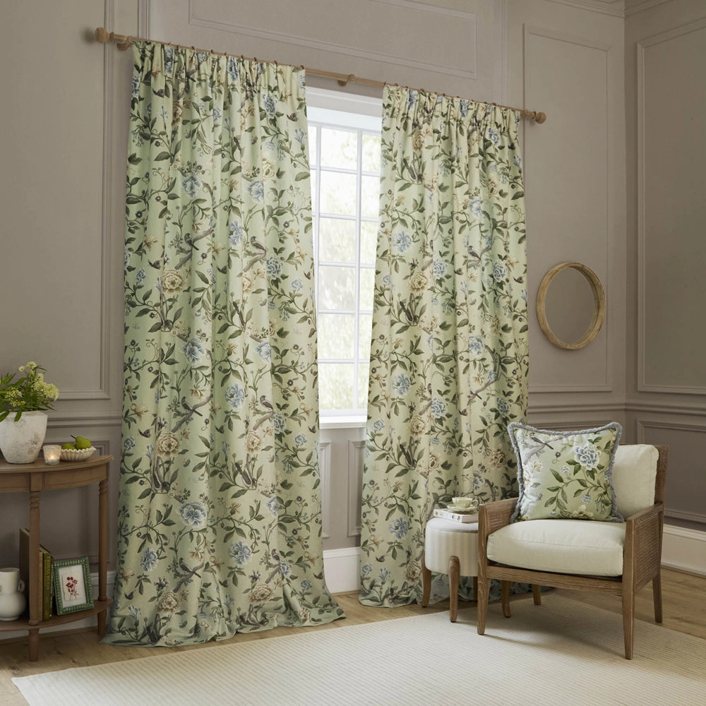 Porcelain Garden Printed Chenille Pencil Pleat Curtains Sage