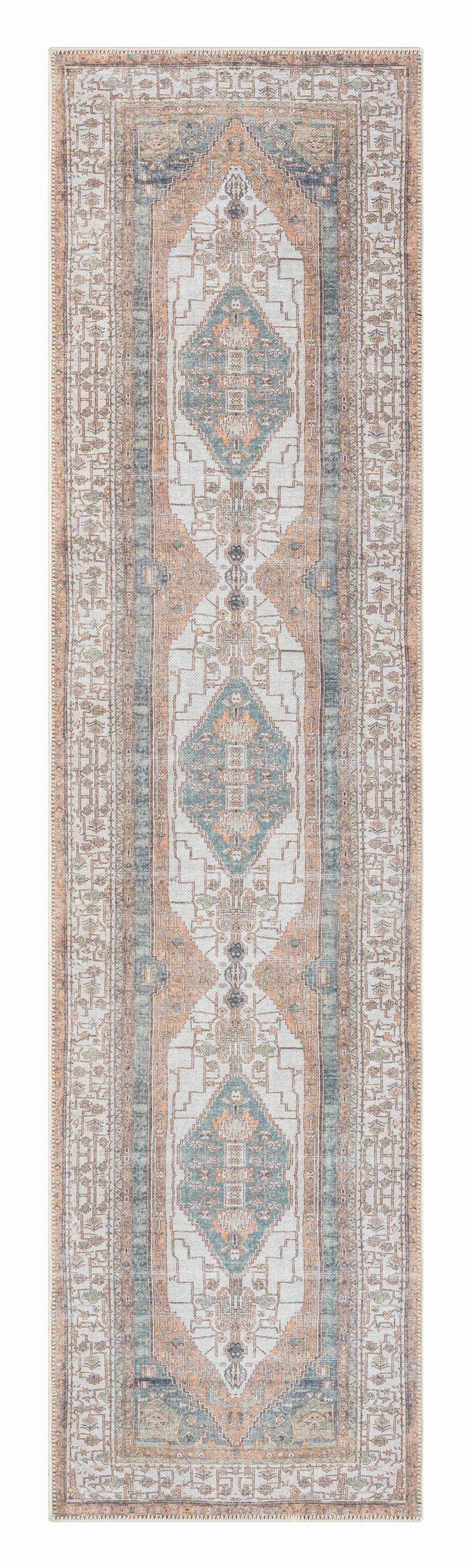 Priya Orange and Green Traditional Distressed Washable Runner Rugmodern color block patchwork rug