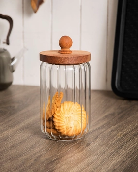 Ribbed Glass Jar with Wooden Lid - Largemodern kitchen decor ,kitchen dinner set ,dinnerware 