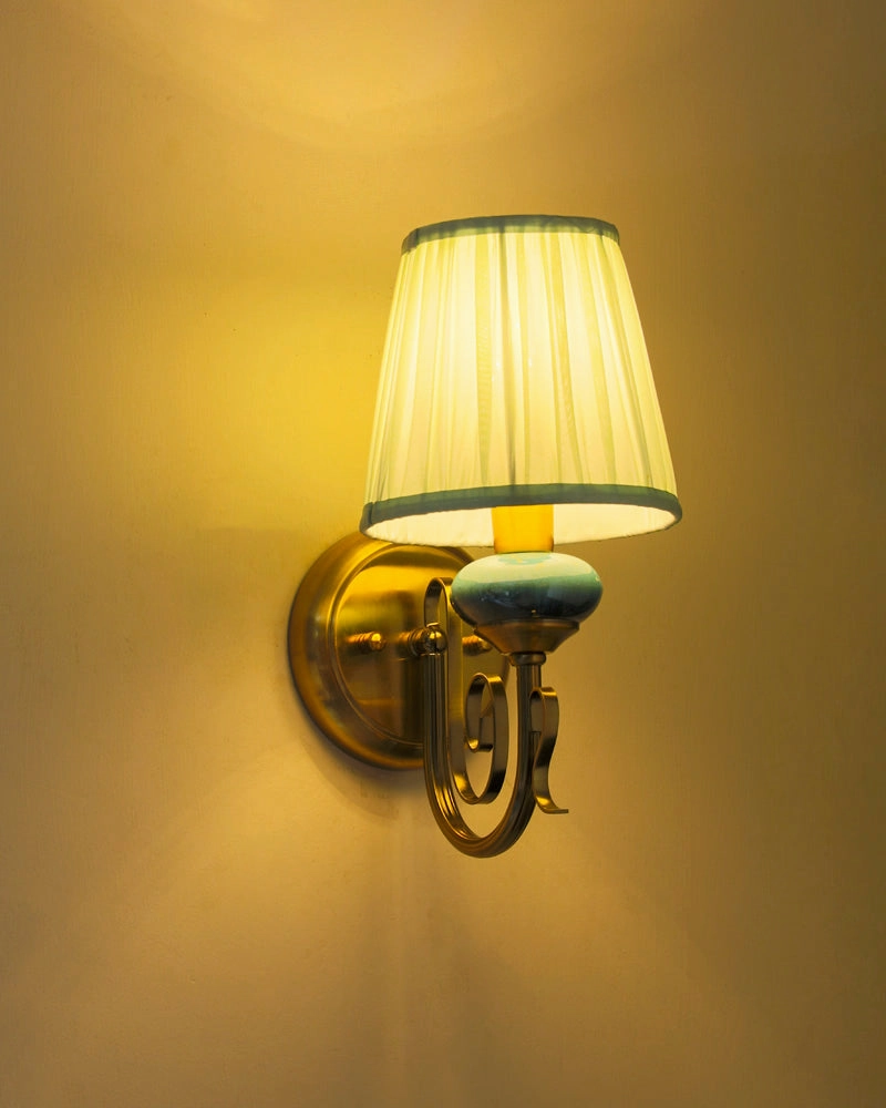 Rustic Gold Wall Sconce With Blue Accent And Fabric Shademodern wall lamp,smart wall lamp