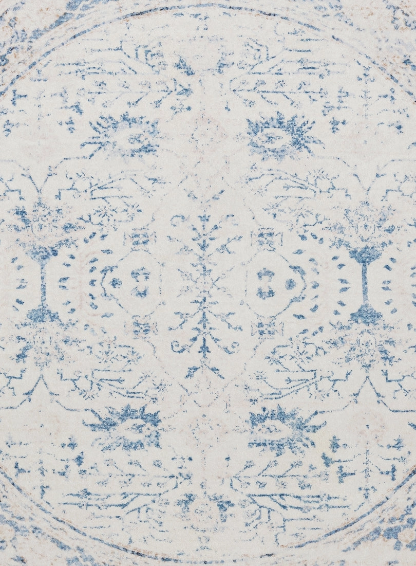 Sarafina Blue and Grey Distressed Washable Round Rug