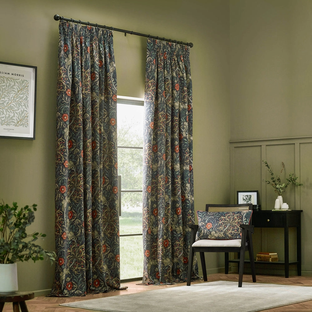 Seaweed Printed Velvet Pencil Pleat Curtains Indigo