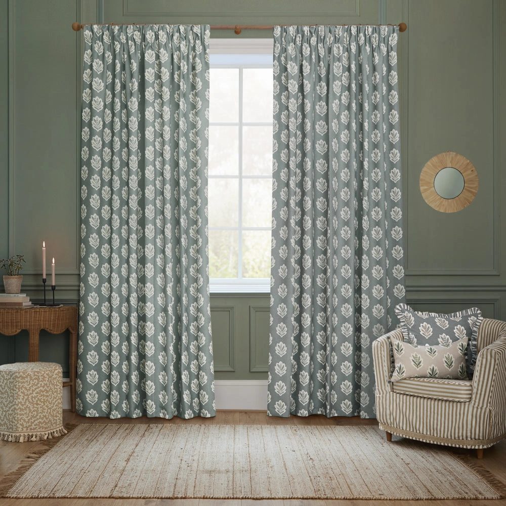 Sessile Leaf Motif Pencil Pleat Curtains Delph Blue