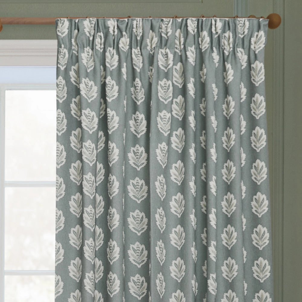 Sessile Leaf Motif Pencil Pleat Curtains Delph Blue
