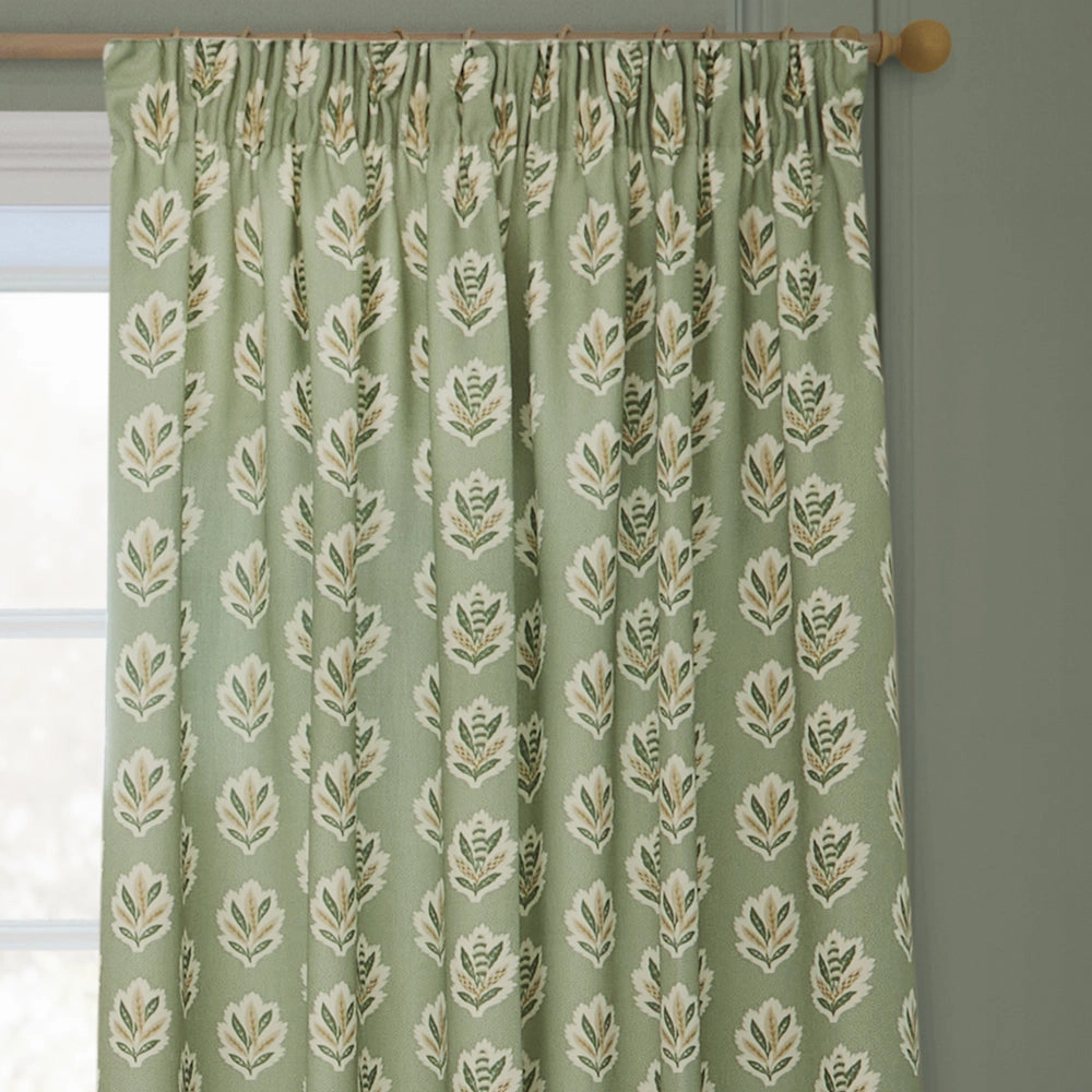 Sessile Leaf Motif Pencil Pleat Curtains Sage