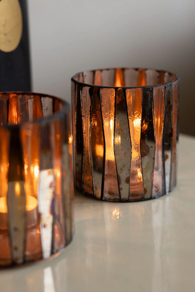 Set of 3 Metallic Mosaic Effect Glass Tealight Holders