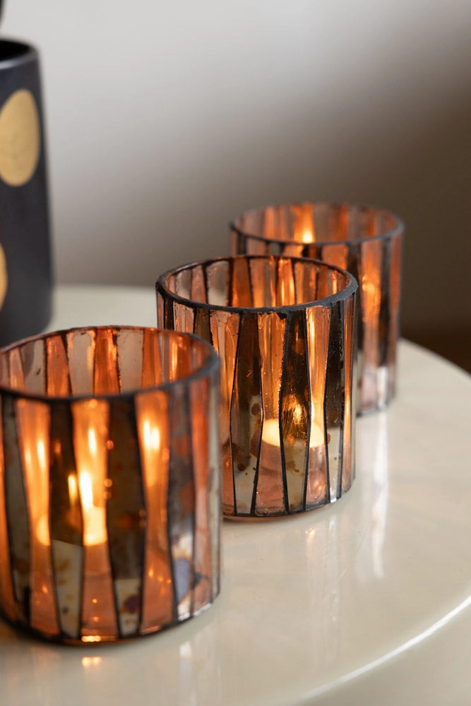 Set of 3 Metallic Mosaic Effect Glass Tealight Holders