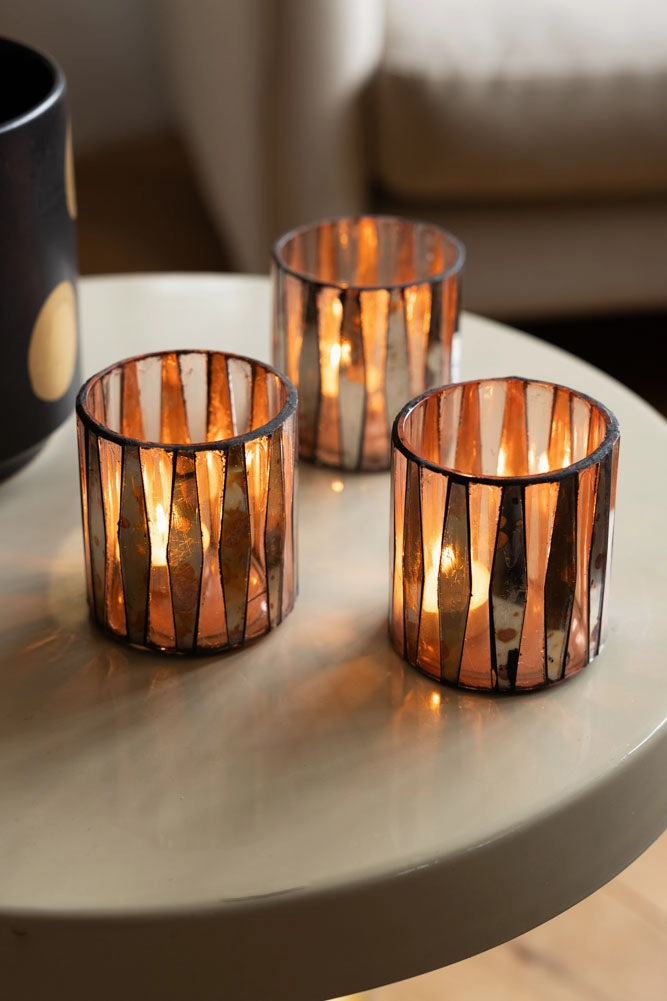 Set of 3 Metallic Mosaic Effect Glass Tealight Holders