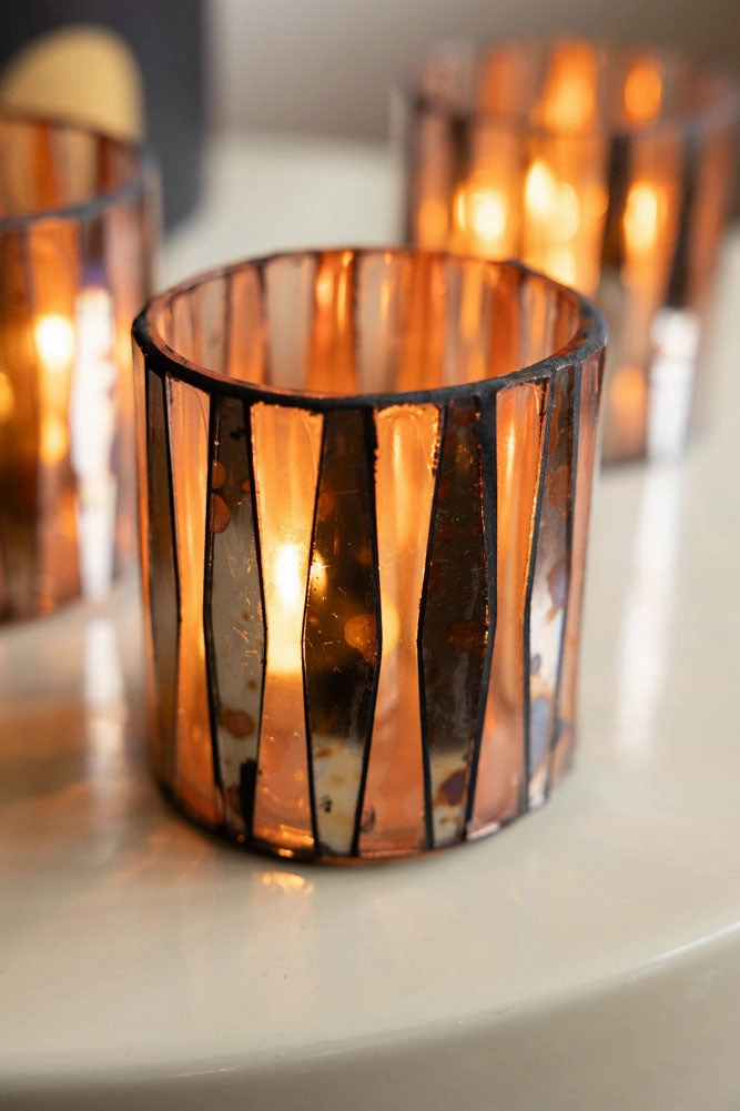 Set of 3 Metallic Mosaic Effect Glass Tealight Holders