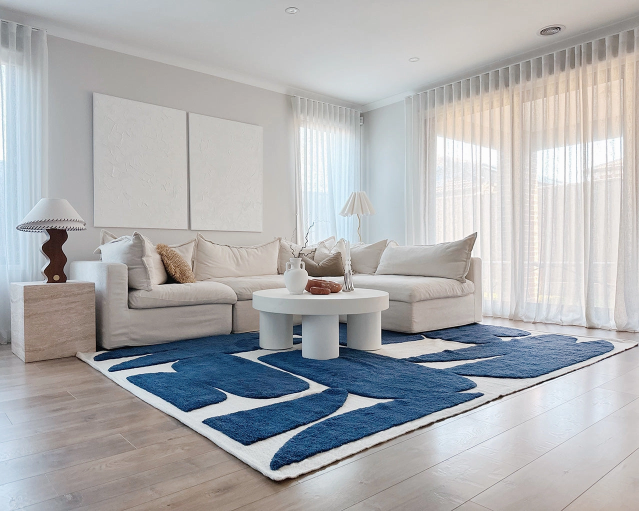 Simora Blue Abstract Washable Wool Rug