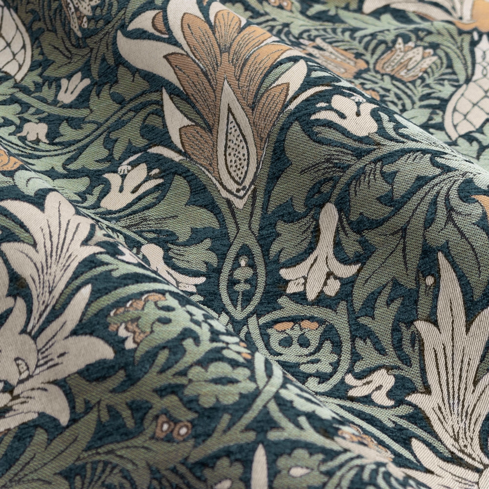Snakeshead Jacquard Chenille Pencil Pleat Curtains Indigo/Leaf