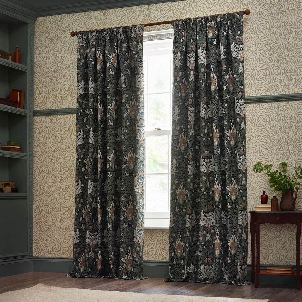 Snakeshead Jacquard Chenille Pencil Pleat Curtains Indigo/Leaf