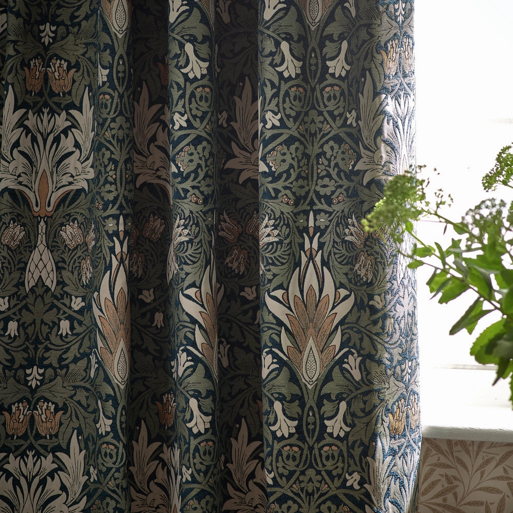 Snakeshead Jacquard Chenille Pencil Pleat Curtains Indigo/Leaf