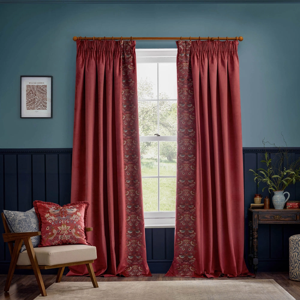 Strawberry Thief Embroidered Floral Velvet Pencil Pleat Curtains Berry