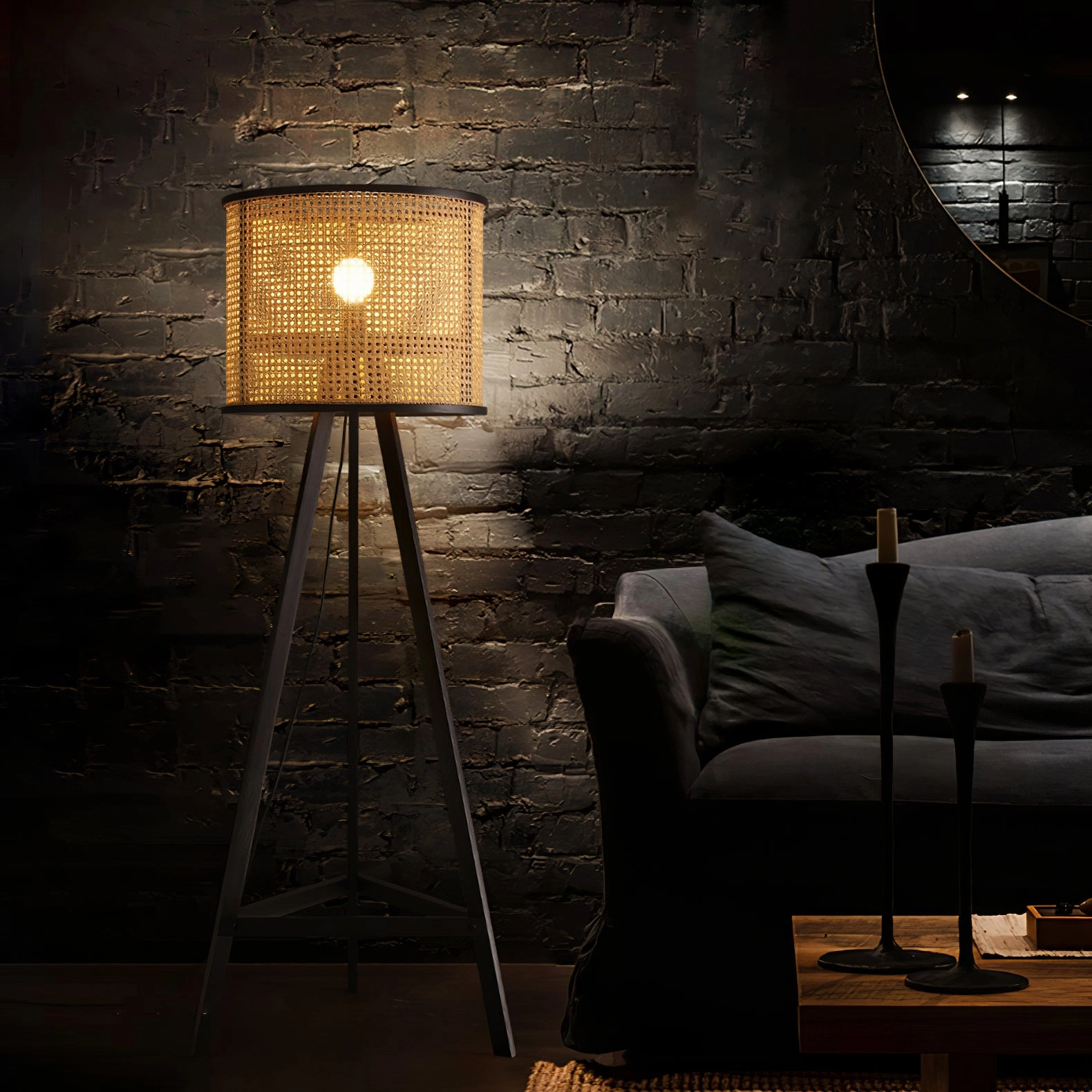 Tripod Wooden Rattan Floor Lamp