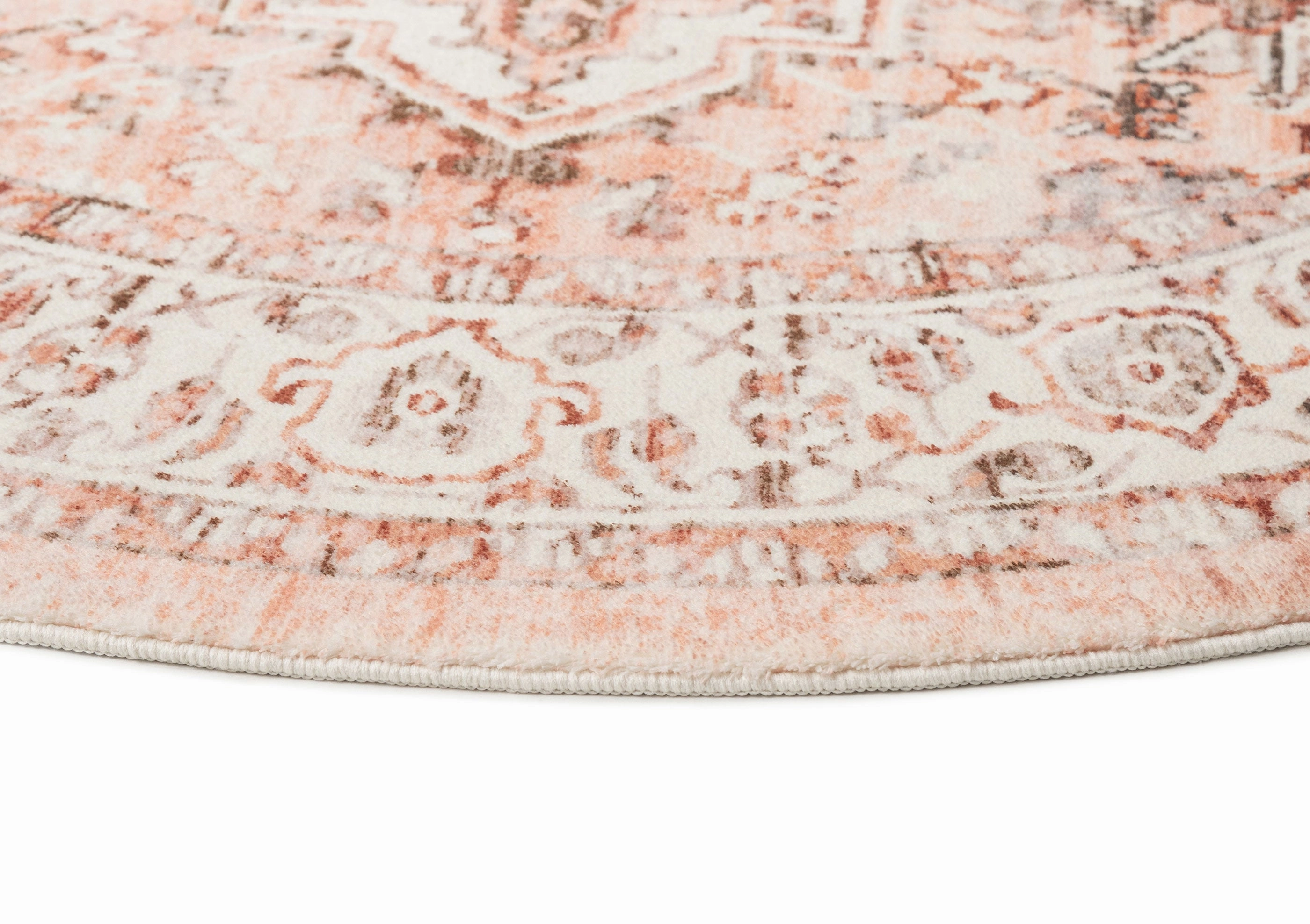Veronique Peach and Brown Distressed Washable Round Rug