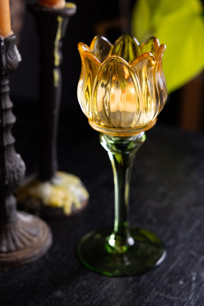 Vintage-Style Yellow Glass Flower Candle Holder