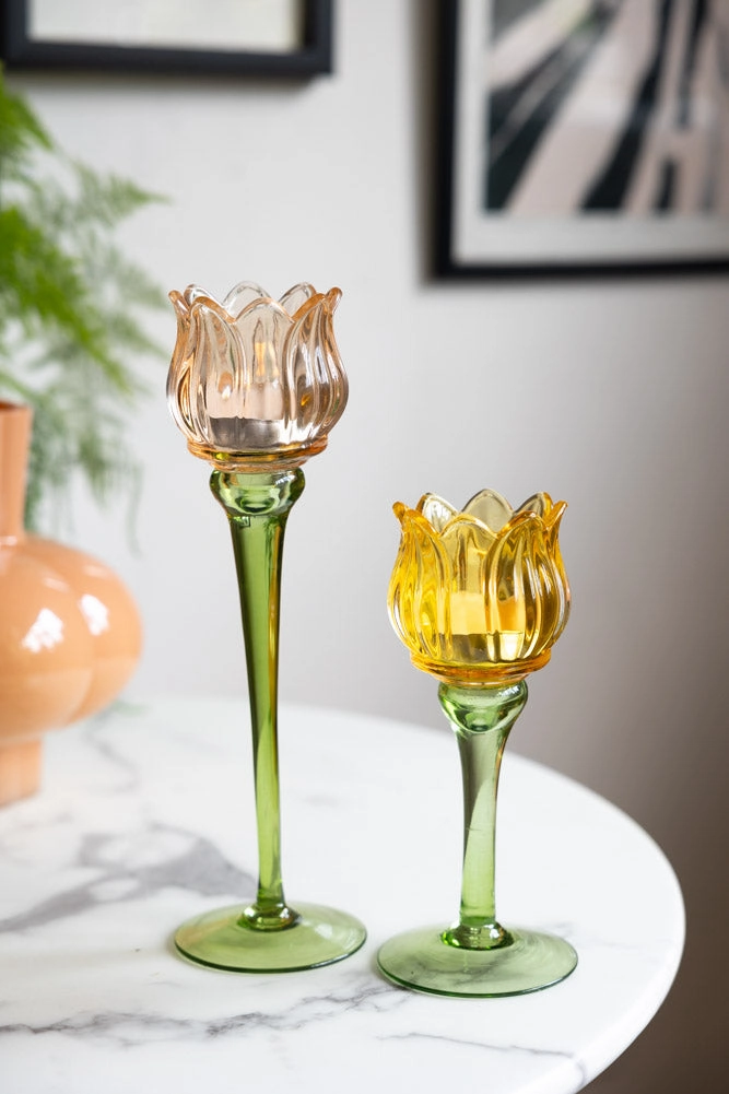 Vintage-Style Yellow Glass Flower Candle Holder