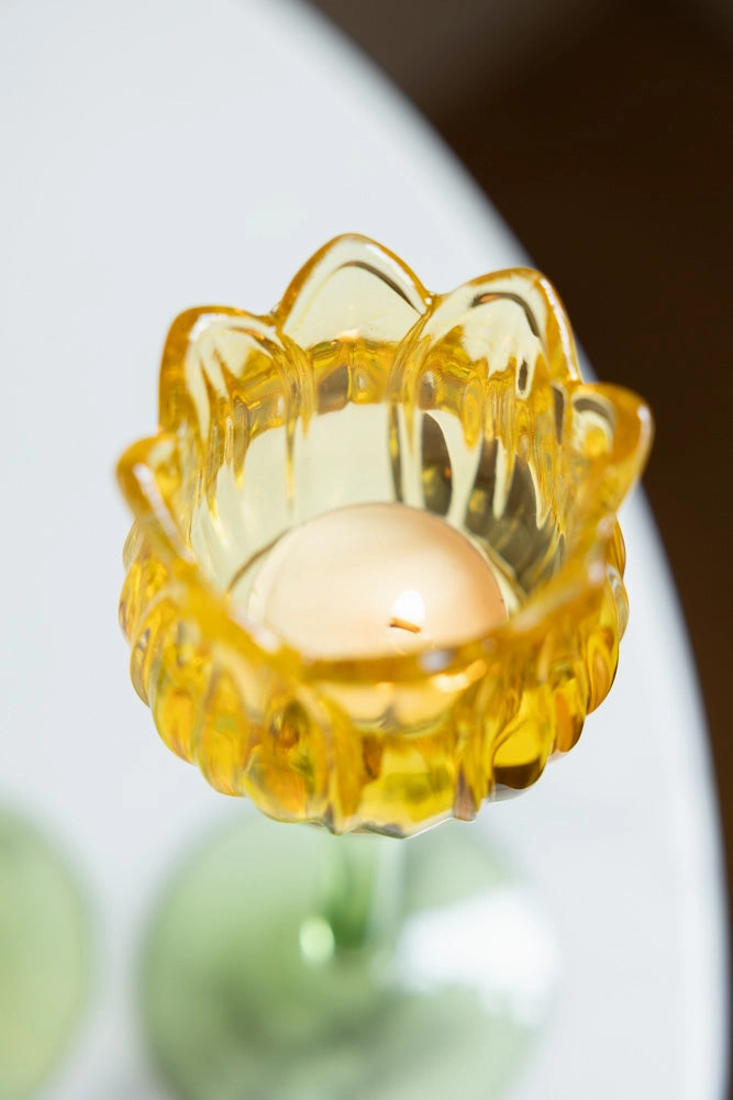 Vintage-Style Yellow Glass Flower Candle Holder