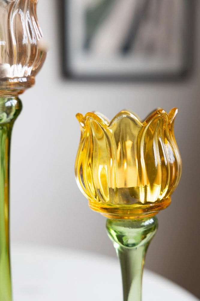 Vintage-Style Yellow Glass Flower Candle Holder