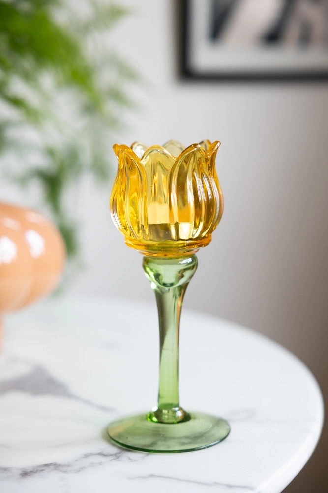 Vintage-Style Yellow Glass Flower Candle Holder