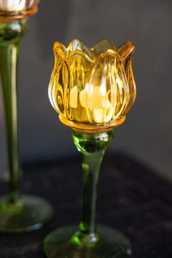 Vintage-Style Yellow Glass Flower Candle Holder