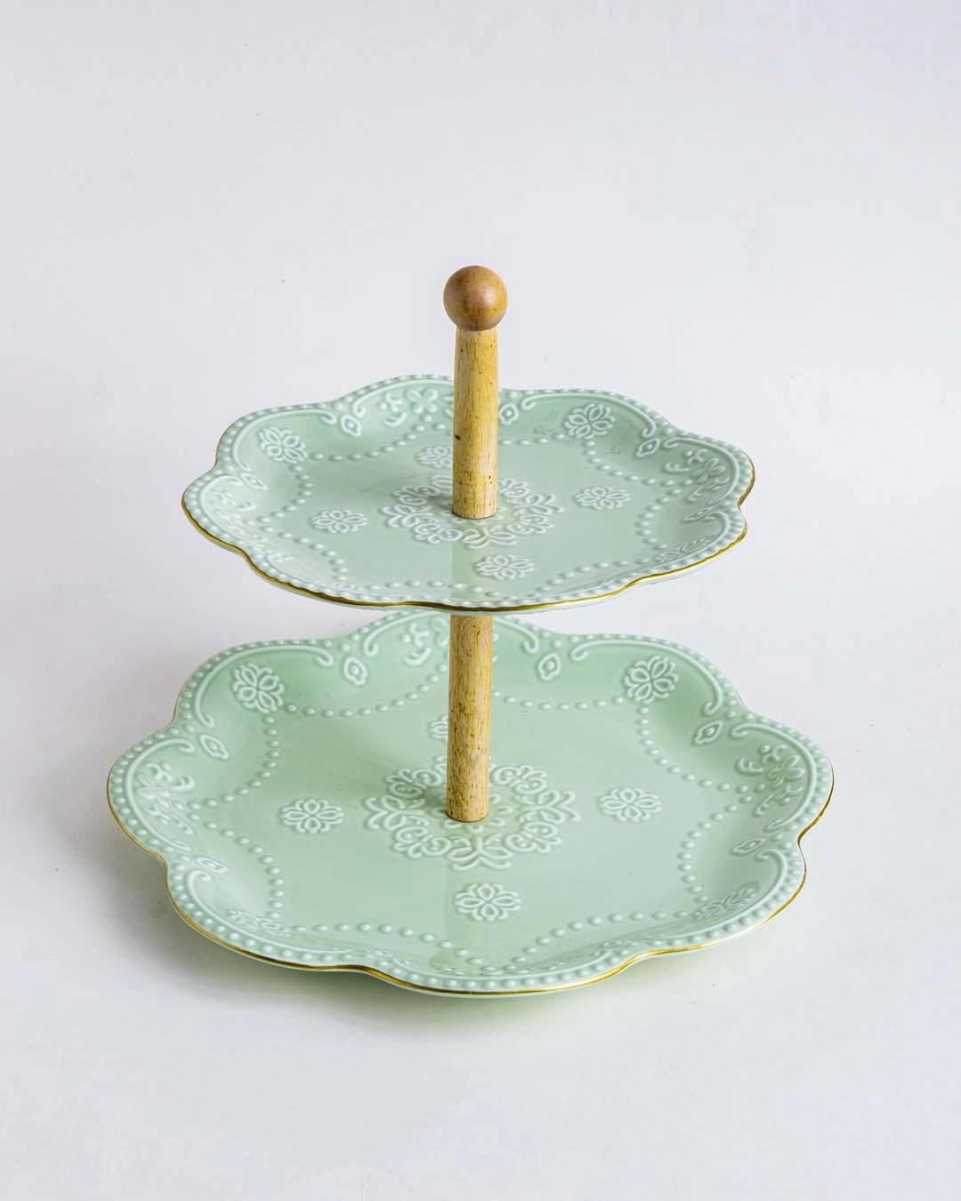 Wavy Edge Embossed 2 Tire Cake Stand - Green