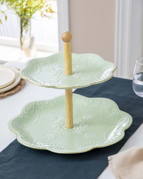 Wavy Edge Embossed 2 Tire Cake Stand - Greenmodern kitchen decor ,kitchen dinner set ,dinnerware 