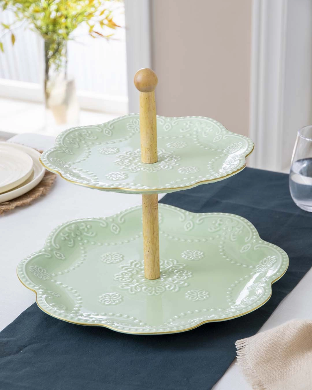 Wavy Edge Embossed 2 Tire Cake Stand - Greenmodern kitchen decor ,kitchen dinner set ,dinnerware 