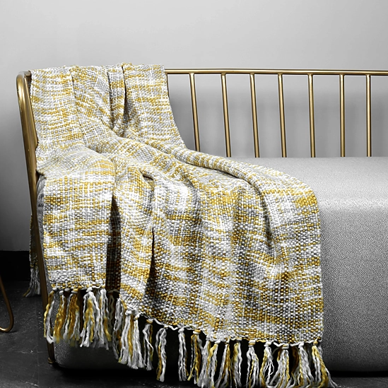 Yellow & Grey Throw Blanket with Tassles