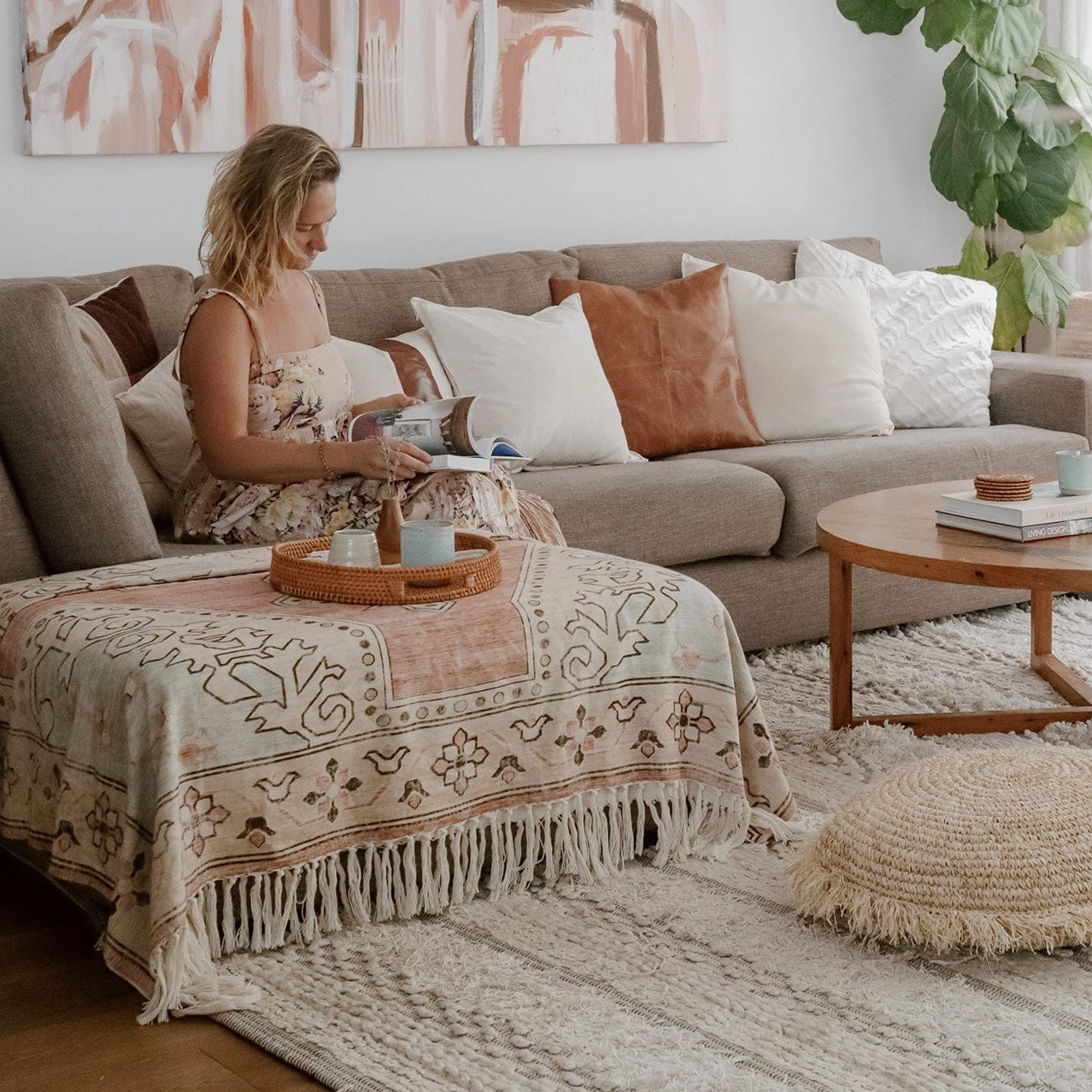 Zaira Cream and Pink Boho Picnic Rug