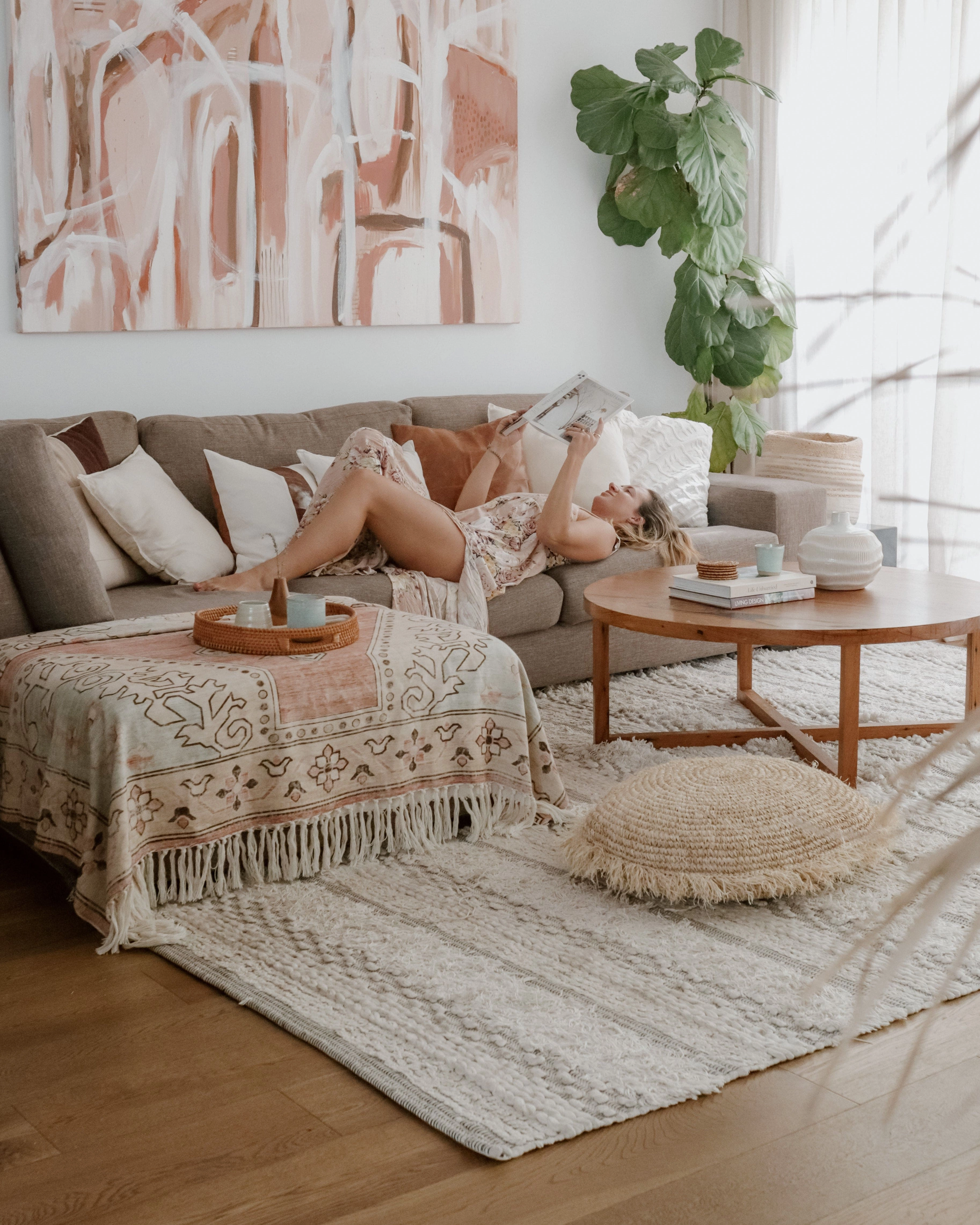 Zaira Cream and Pink Boho Picnic Rug