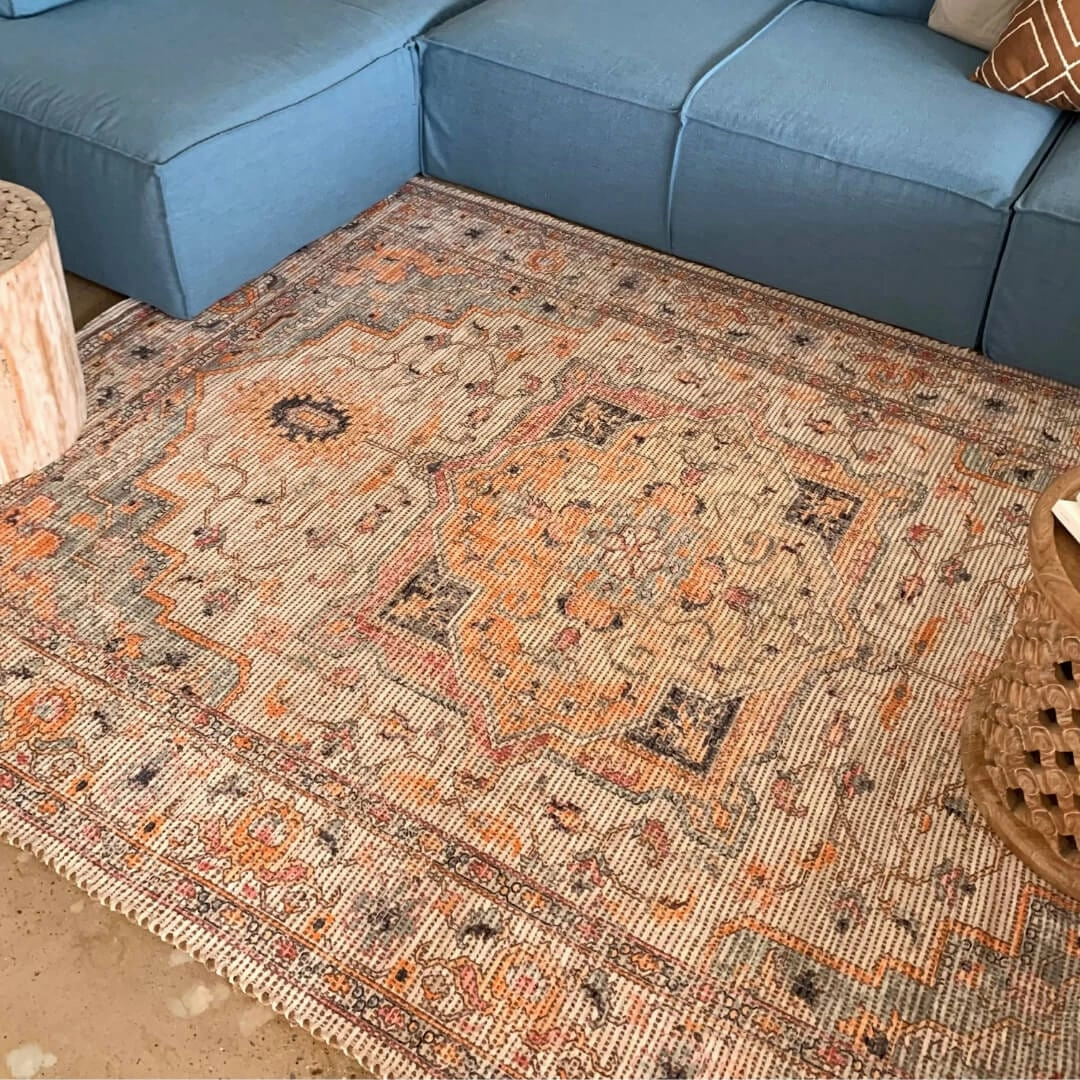 Zola Blue Orange and Yellow Floral Distressed Rug *NO RETURNS UNLESS FAULTY