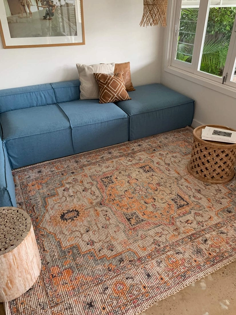 Zola Blue Orange and Yellow Floral Distressed Rug *NO RETURNS UNLESS FAULTY